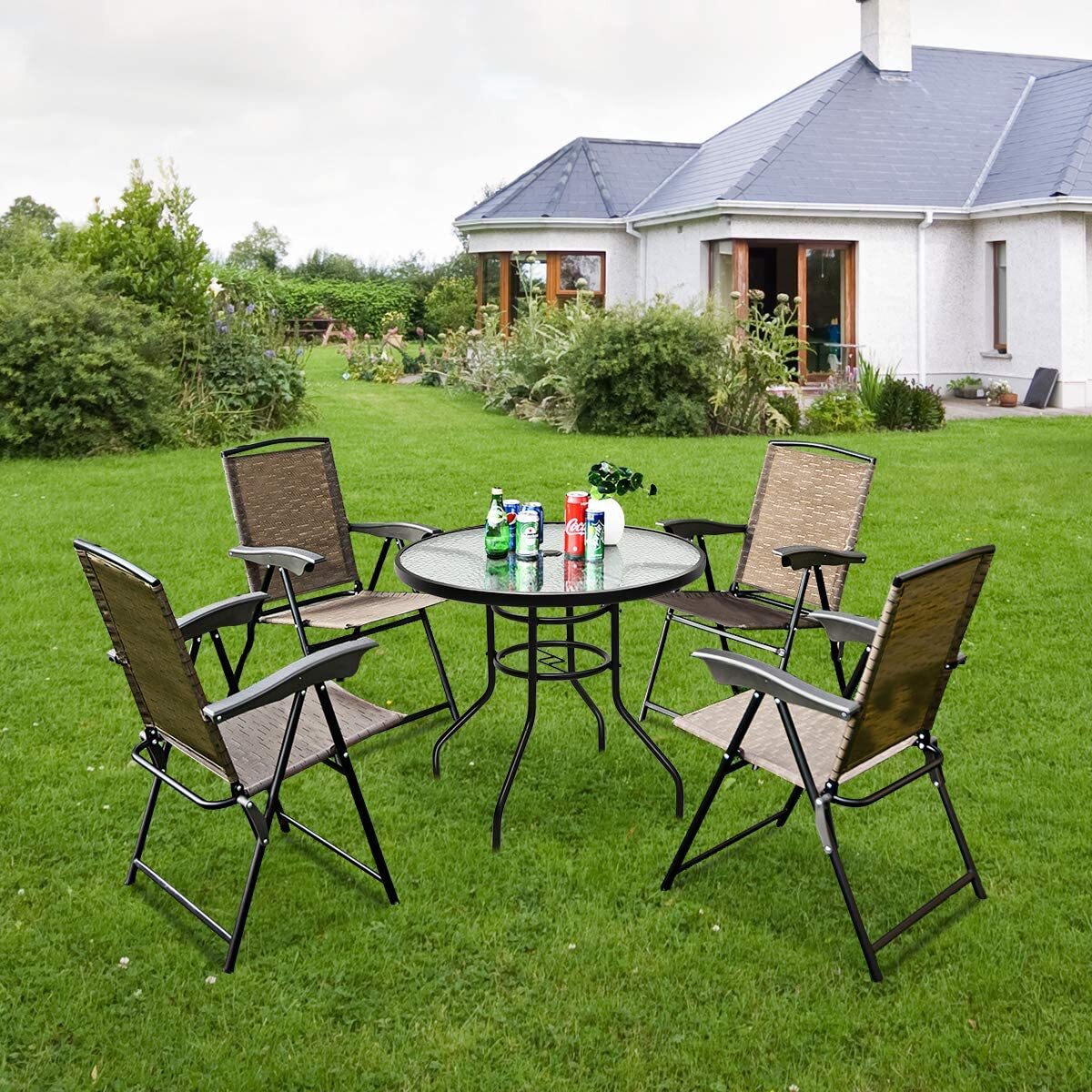 5PCS Bistro Patio Furniture Set 4 Folding Adjustable Chairs Glass Table W/Hole