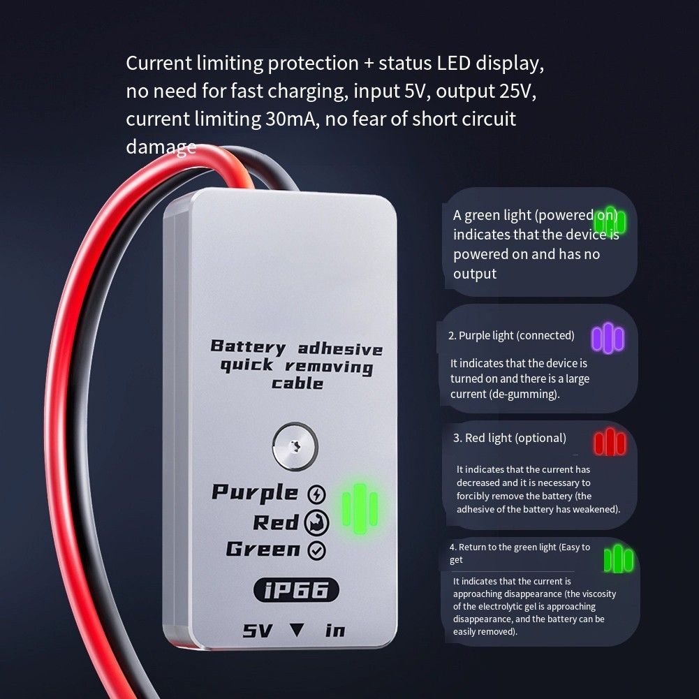 IP66 Battery Glue Quick Release Cable 20cm with Current Limiting and LED Lights