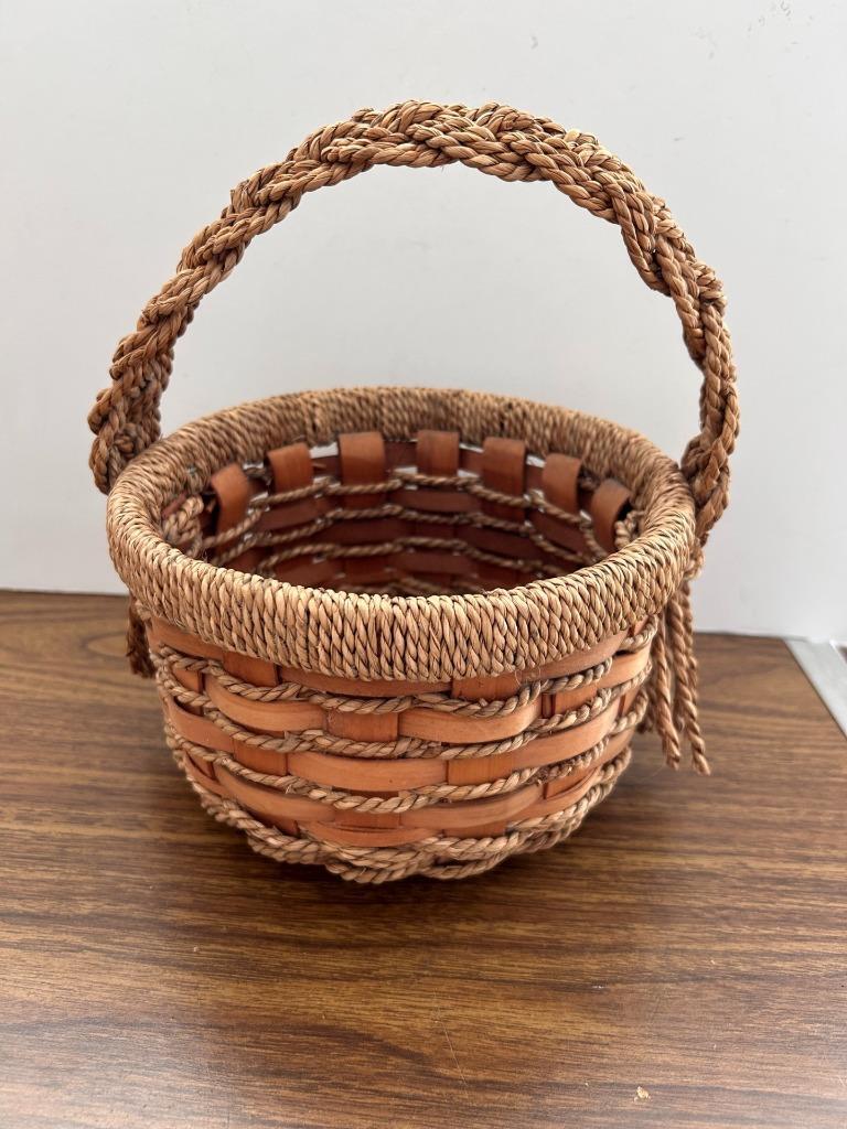 Handmade basket wood raffia rustic farmhouse with handle