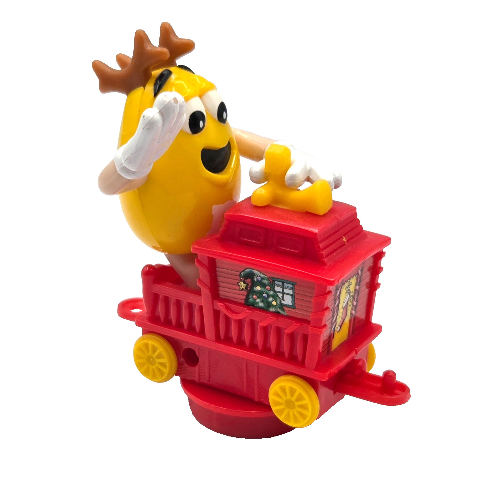 Yellow M&M with Reindeer Antlers Riding Train Car Caboose Tube Topper