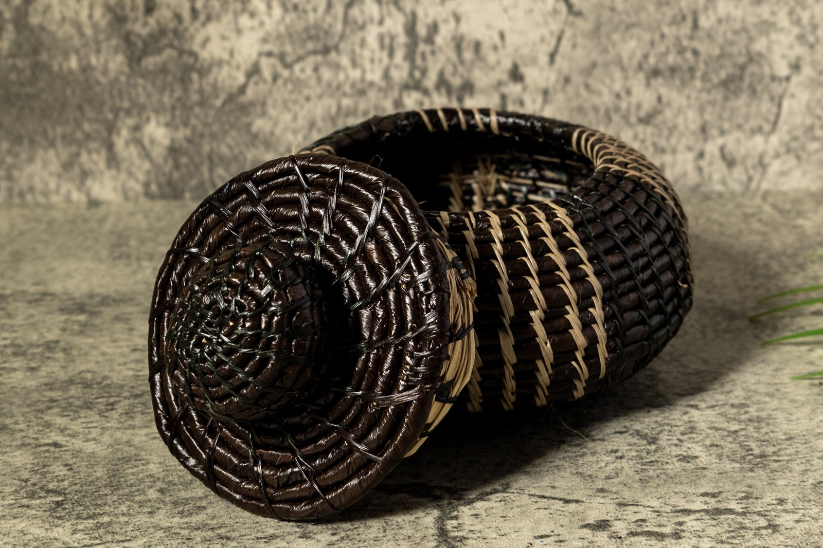 Black And Gray Stripe Woven Basket With Top
