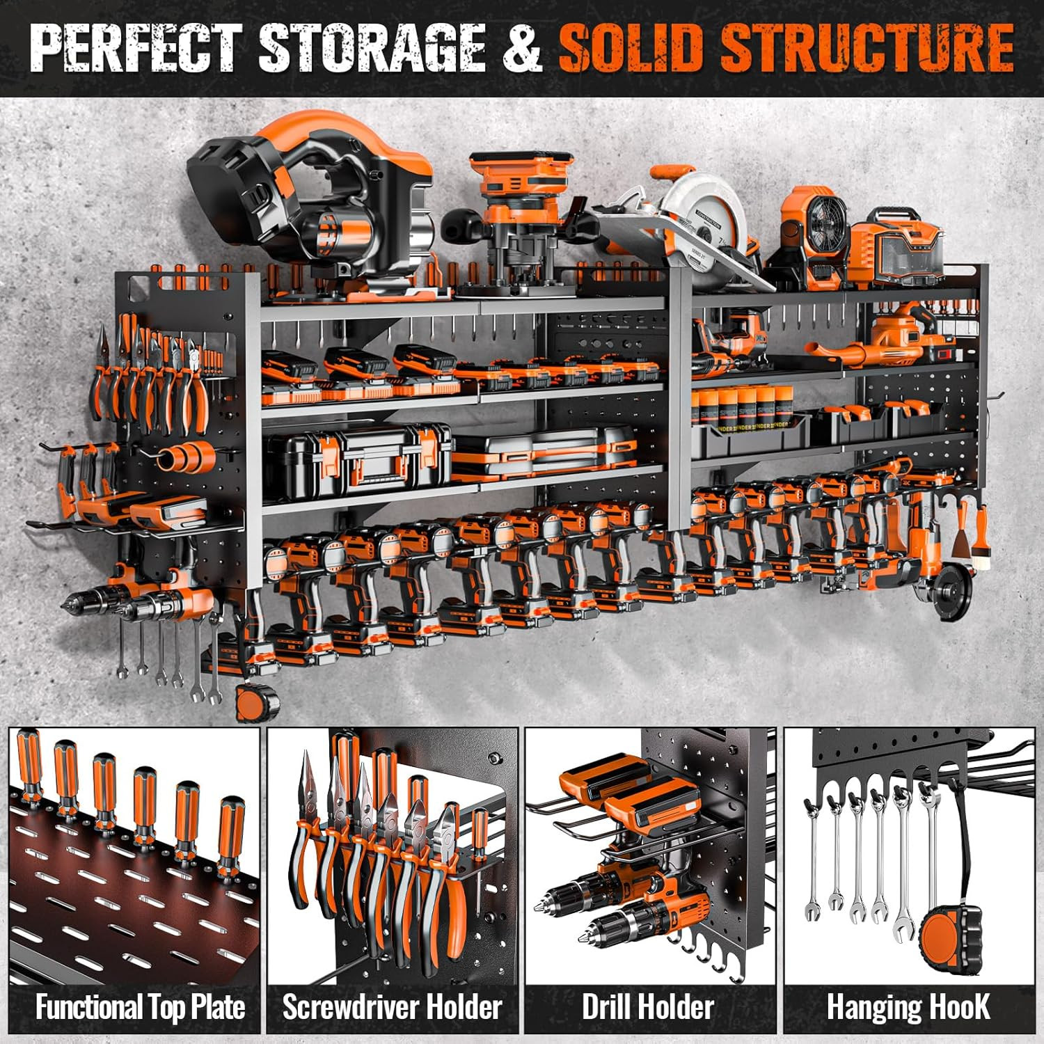 Super Large 66" Wall-Mount Tool Organizer with 18 Drill Holders, 600 Lbs Capacit