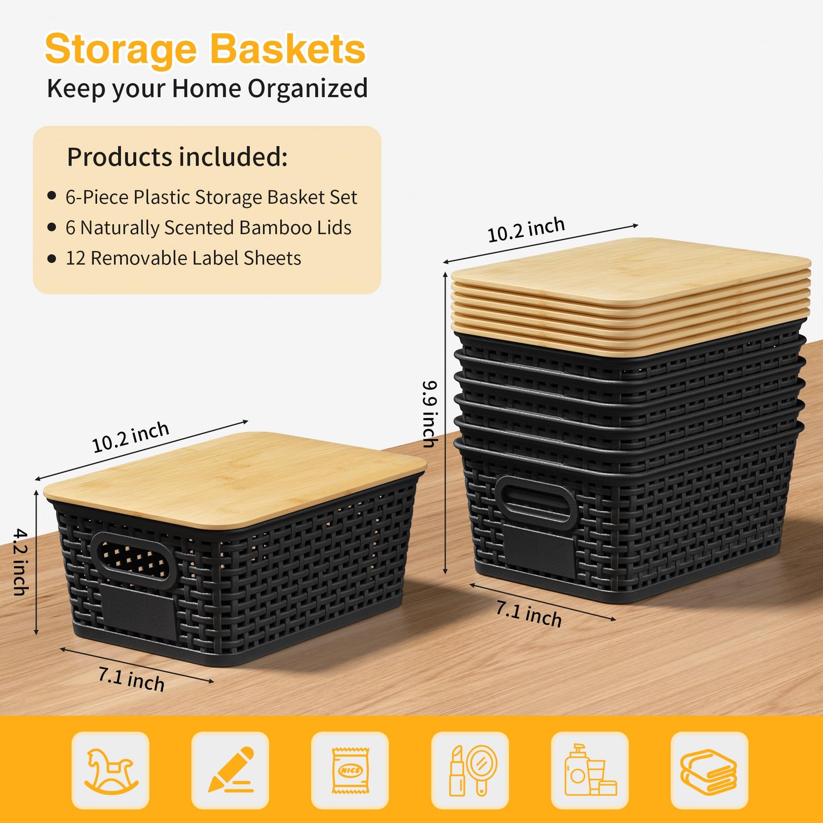 Plastic Storage Baskets with Lids and Labels, Stackable Storage Containers, S...