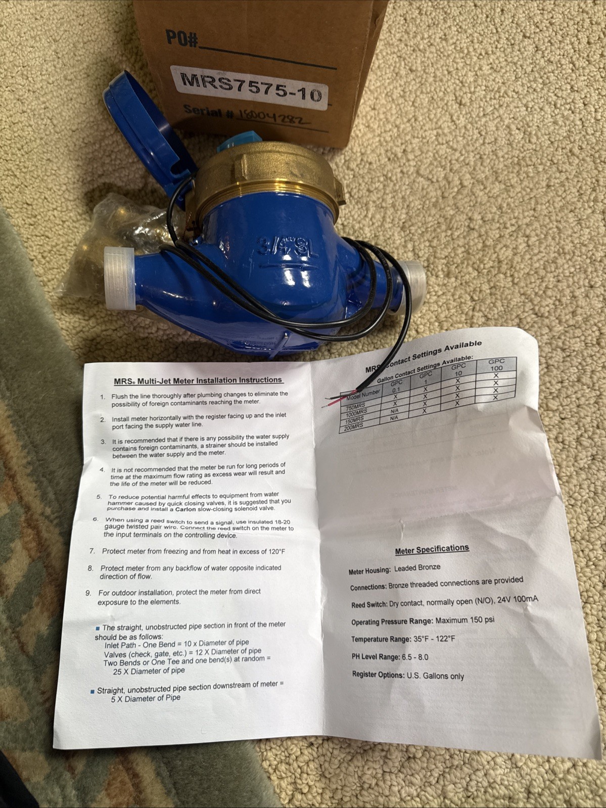 New Carlon MRS7575-10 Water Meter - 3/4”