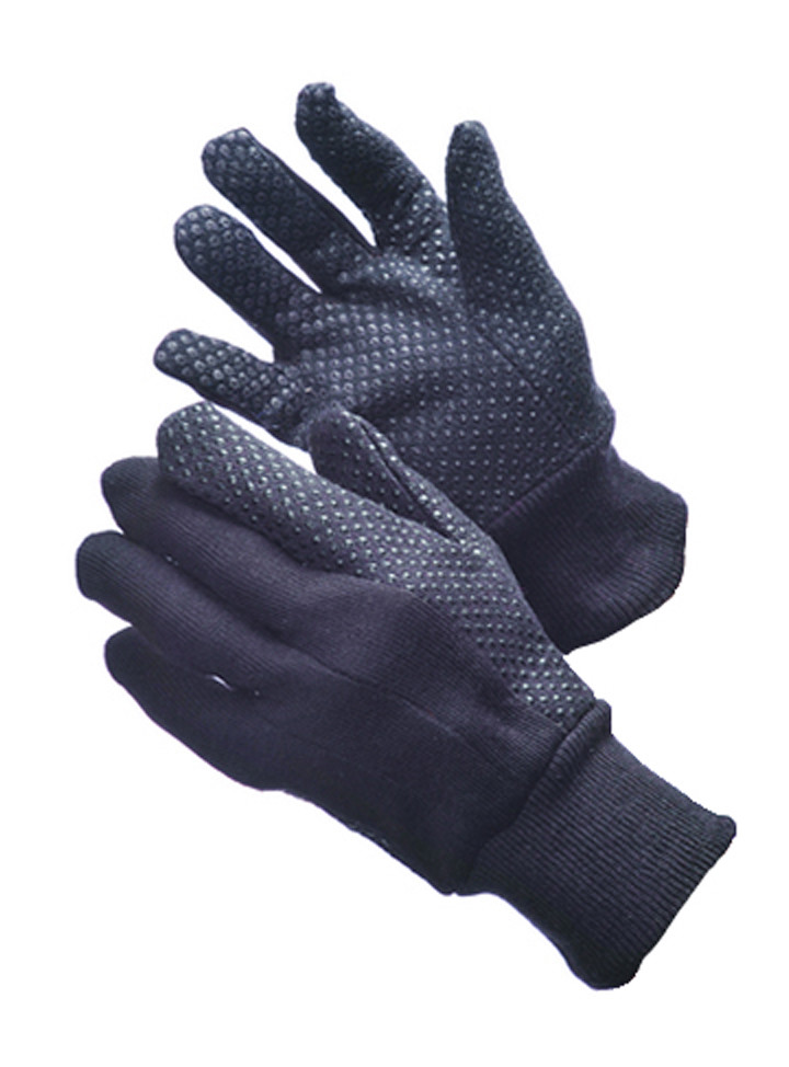1 DOZEN 12 PAIRS 8 OZ BROWN JERSEY GLOVES WITH BLACK PVC DOTS - SIZE LARGE