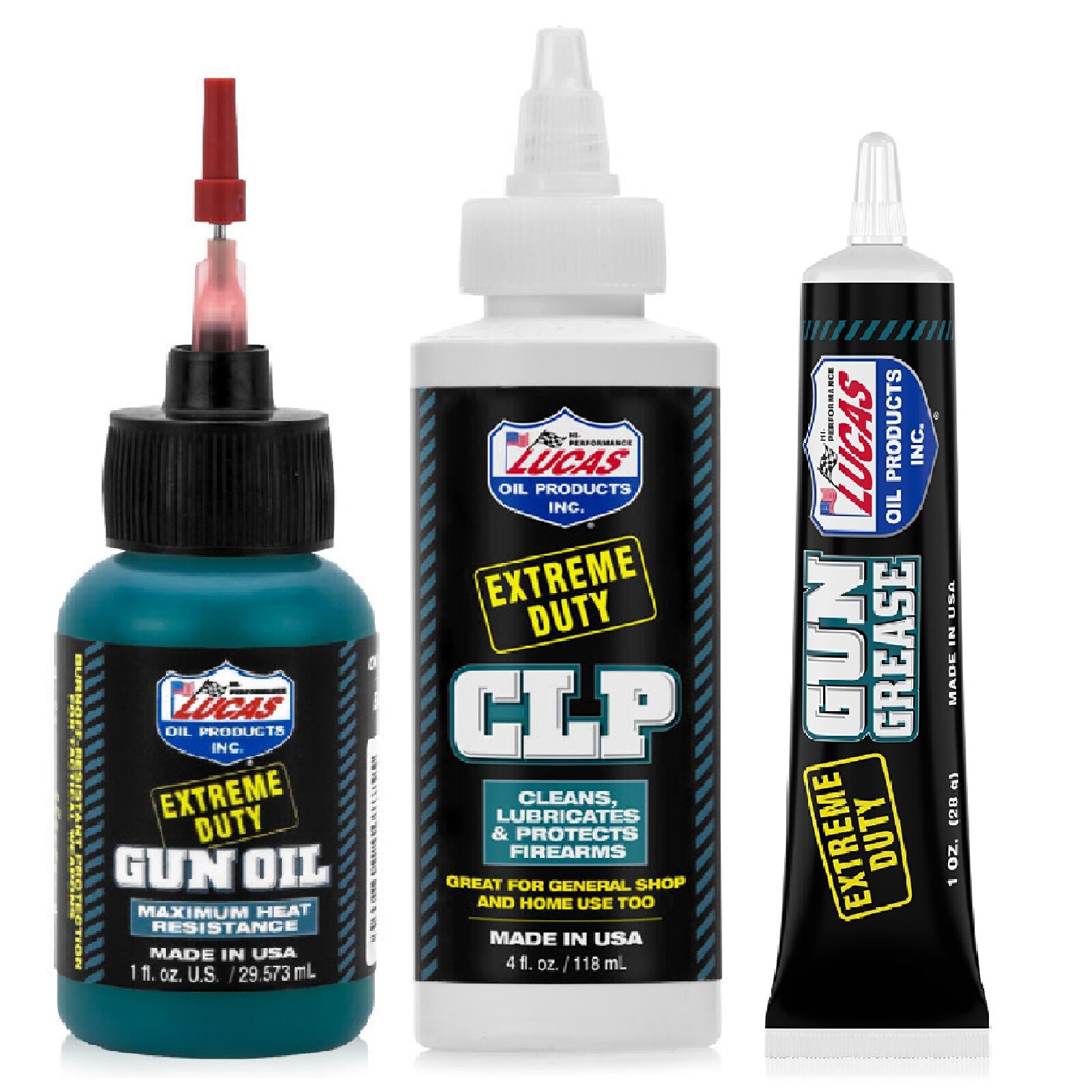 Lucas Oil 4 Ounce Extreme Duty CLP & 1 Oz. Gun Grease & 1 Oz. Gun Oil Bottles