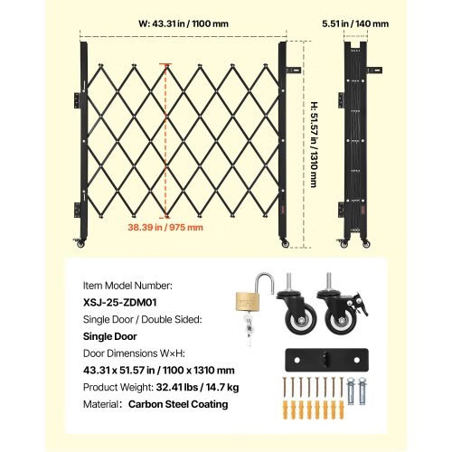 Single Folding Security Gate, Lockable Scissor Gate with 360?° Swivel Caster