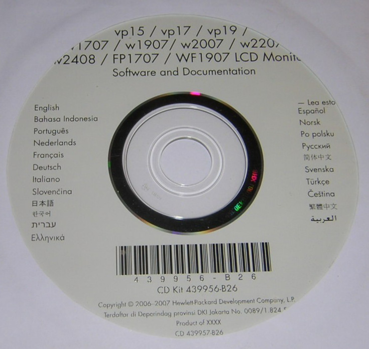 HP w1907 w2007 FP1707 WF1907 LCD Monitor Software & Documentation CD-ROM (2007)
