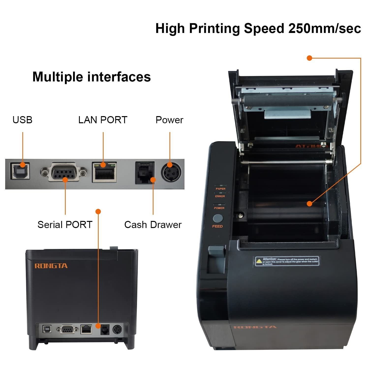 80mm Thermal POS Receipt Printer Black | Auto Cutter, USB, Ethernet