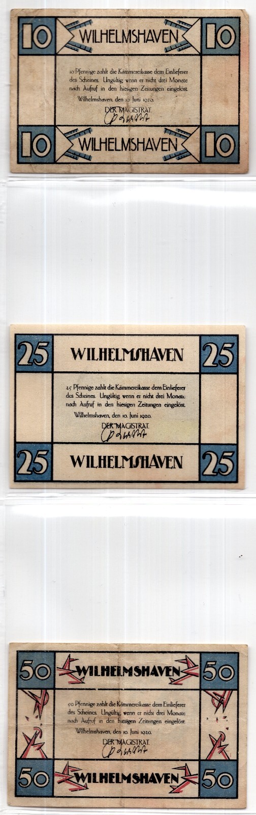 1920 Germany Wilhelmshaven Notgeld Set of 3 Notes (963)