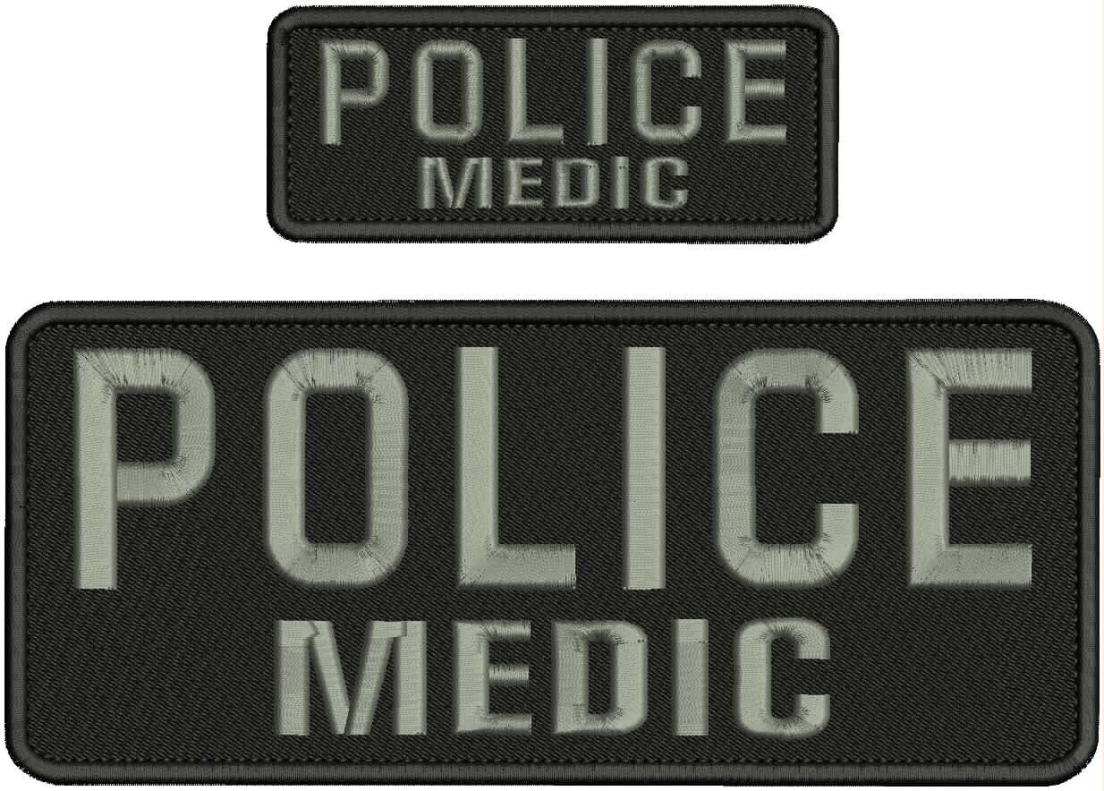 POLICE MEDIC EMBROIDERY PATCHES 4x10 and 2x5 HOOK ON BACK BLACK/GRAY
