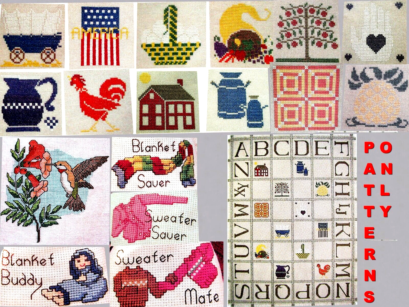 American Sampler Afghan 4 Parts Bag Designs Hummingbird CROSS STITCH PATTERNS