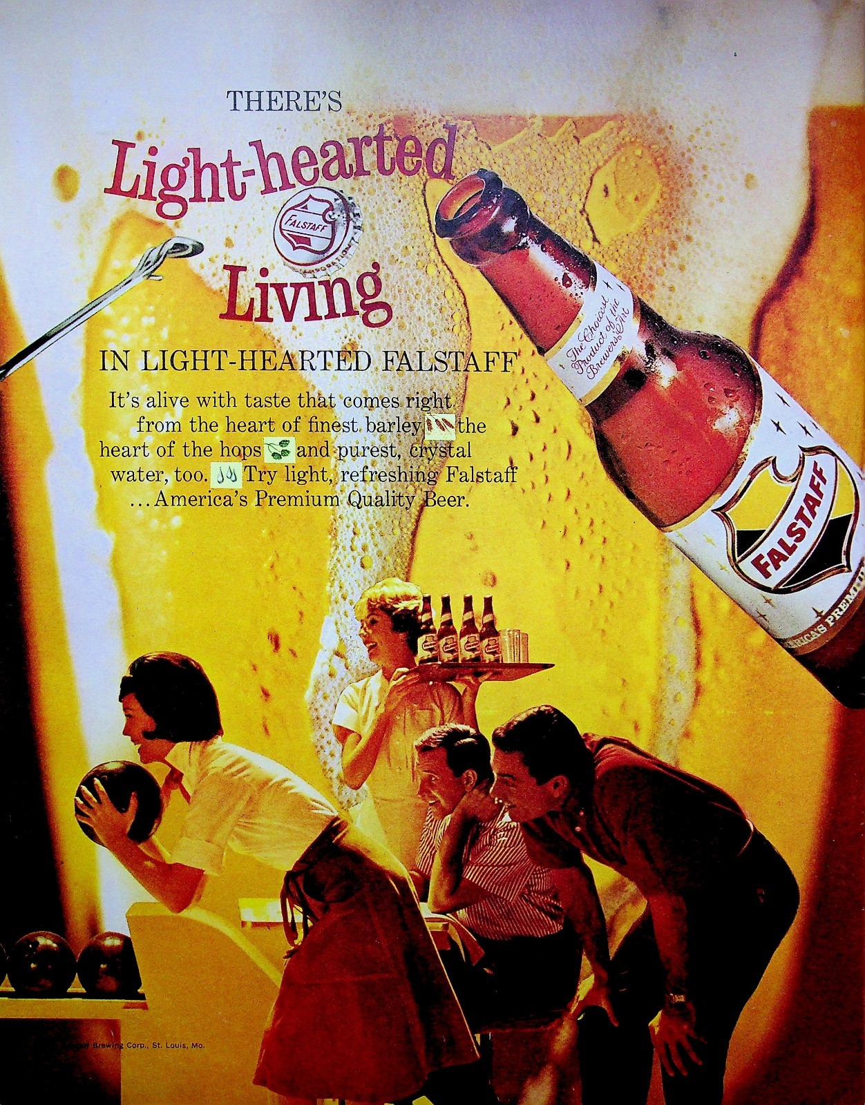 Falstaff Beer (1962) Print Ad | “Light-Hearted Living” Bowling Scene Bar Decor