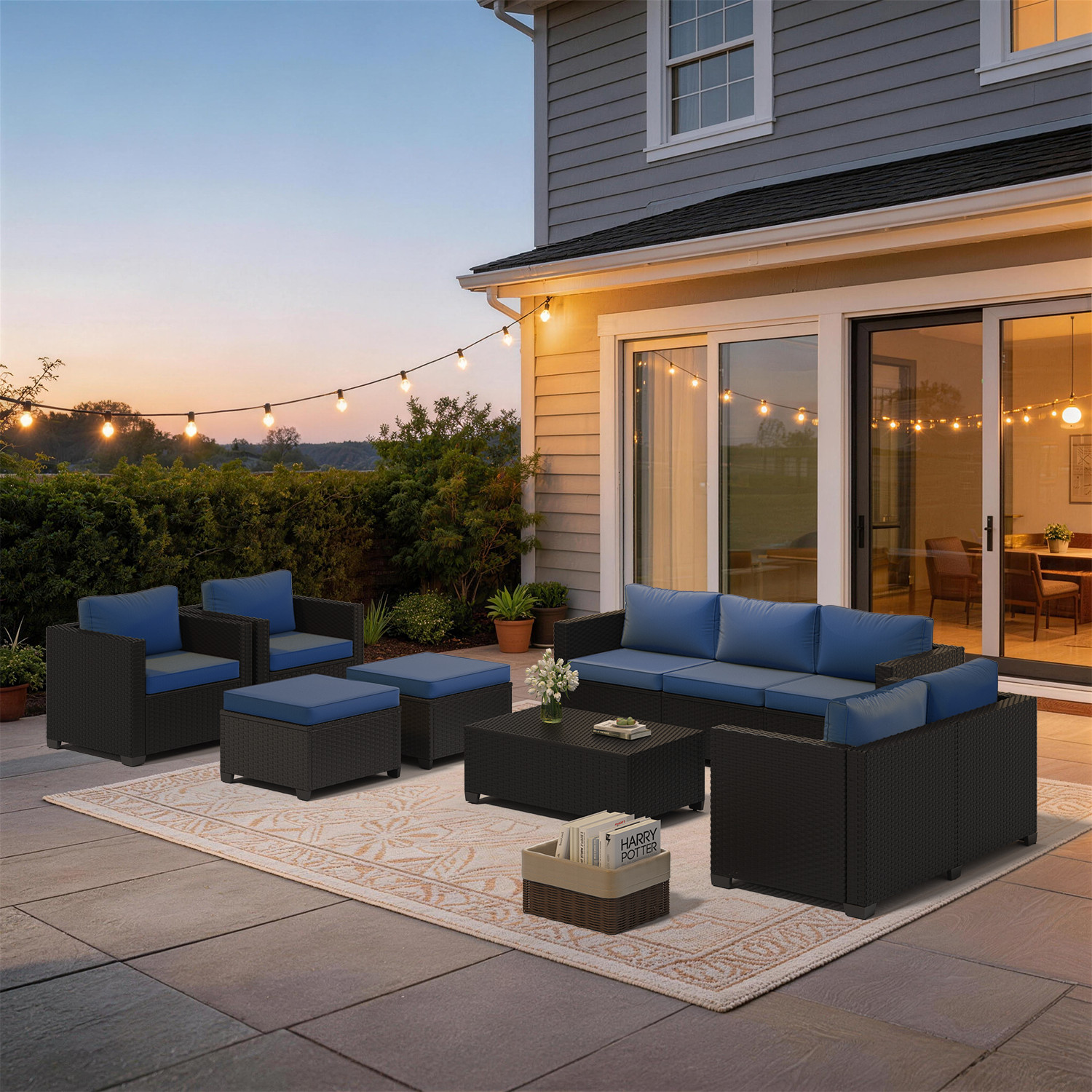 7-Piece Black Rattan Sofa Set w/ Storage Coffee Table Navy Blue 9-Seat