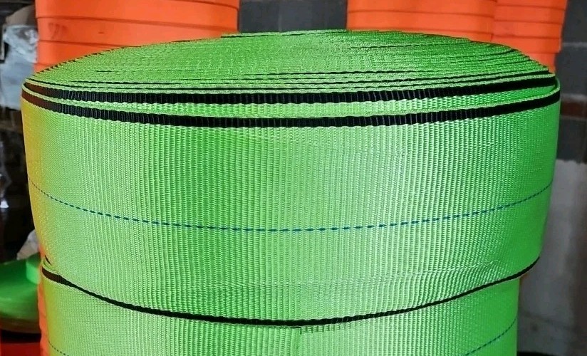 135' Roll of 6" Lime w/ Blue Center Stitch & Black Edging Tie Down Webbing