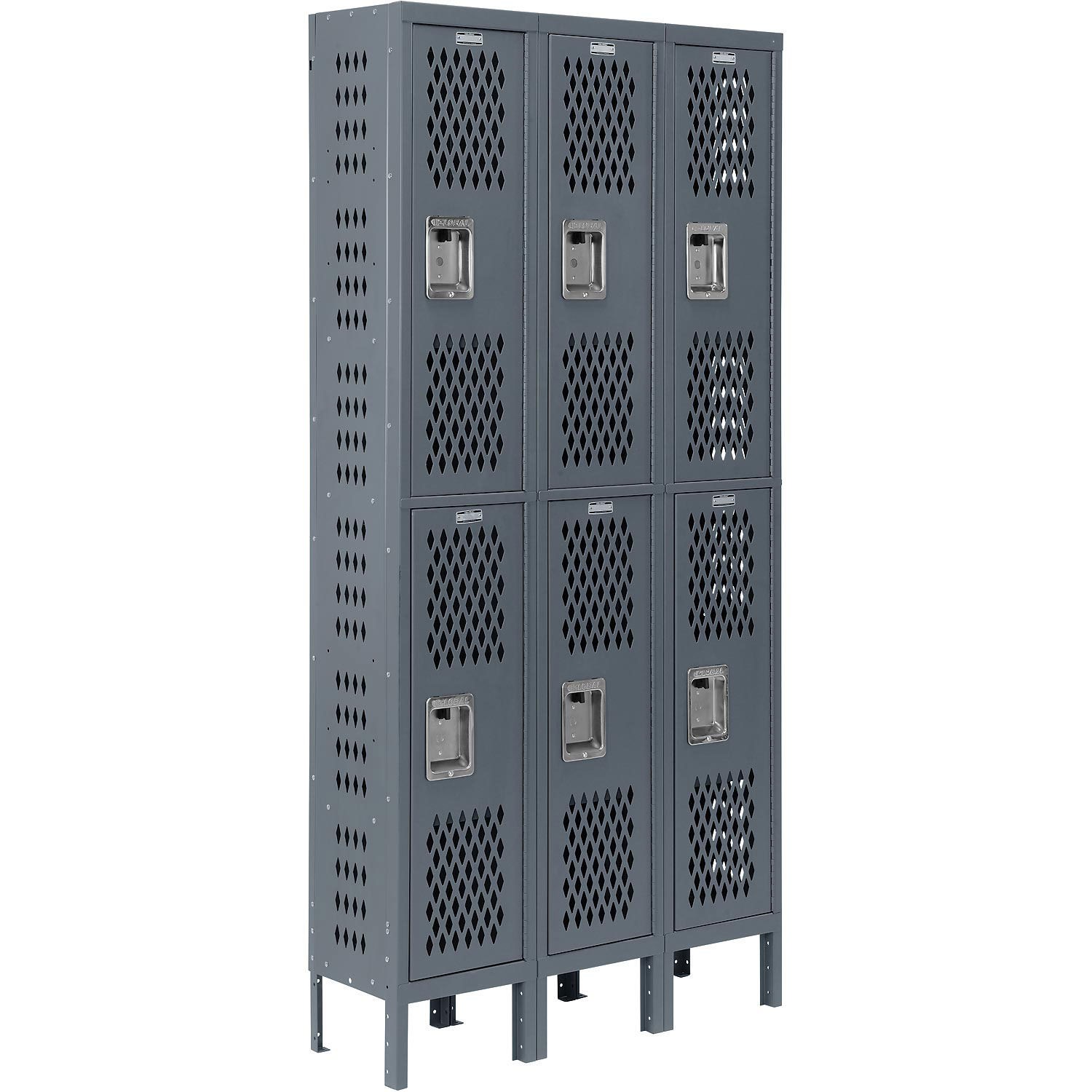 Heavy Duty Ventilated Steel Locker Double Tier 3-Wide 12x18x36 Unassembled Gray