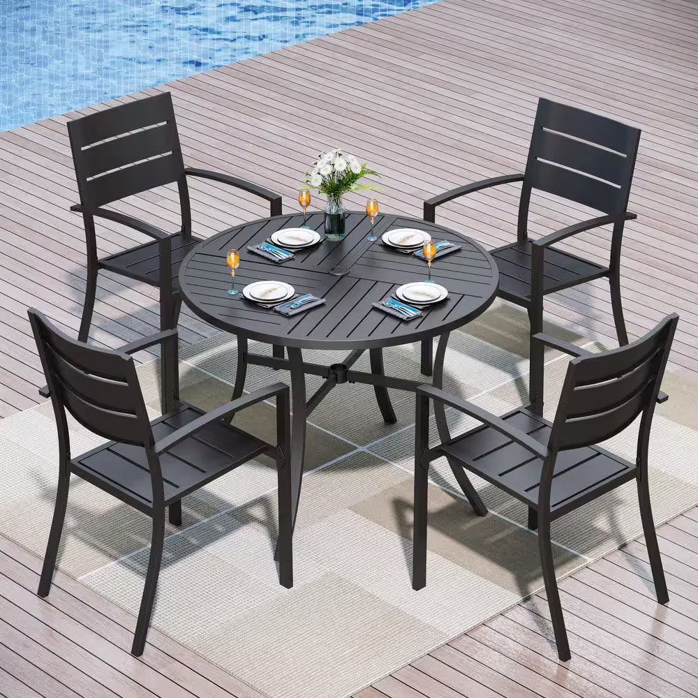5-Piece Metal Outdoor Patio Dining Set with Stackable Chairs and round Table