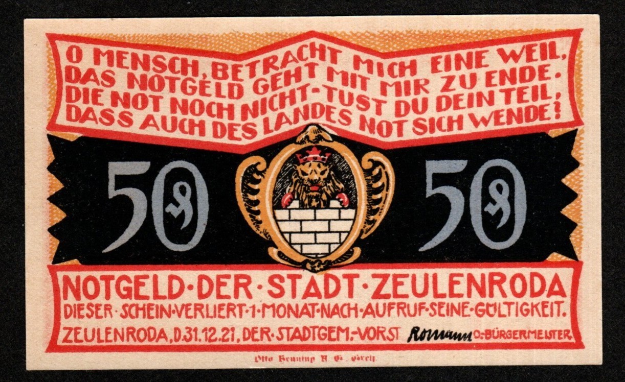 GERMANY ZEULENRODA 50 PFENNIG BANKNOTE 1921 - EMERGENCY MONEY - NOTGELD