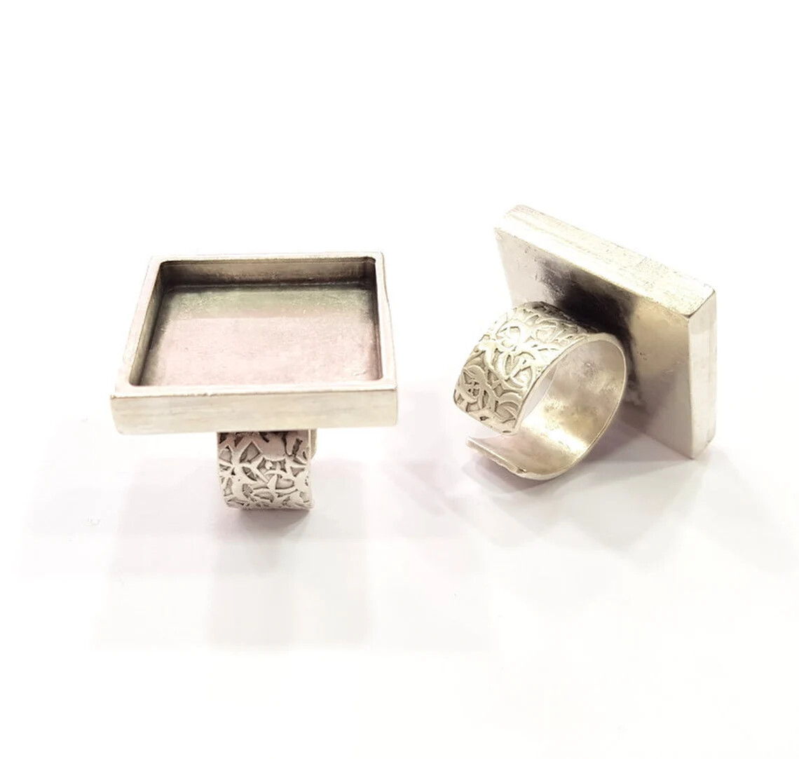 Square Ring Blank Setting Cabochon Base inlay Bezel Adjustable Antique Silver
