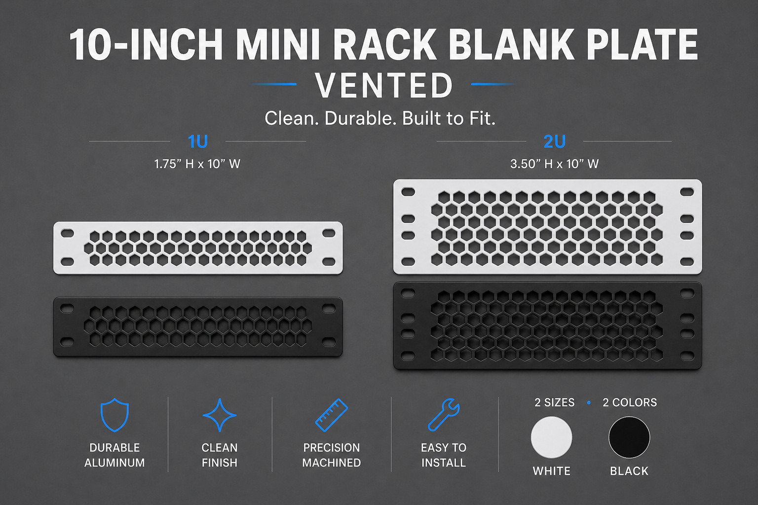 10" Rack Blank Panel 1U 2U Vented Rack Mount Filler Network Homelab - 3D Printed