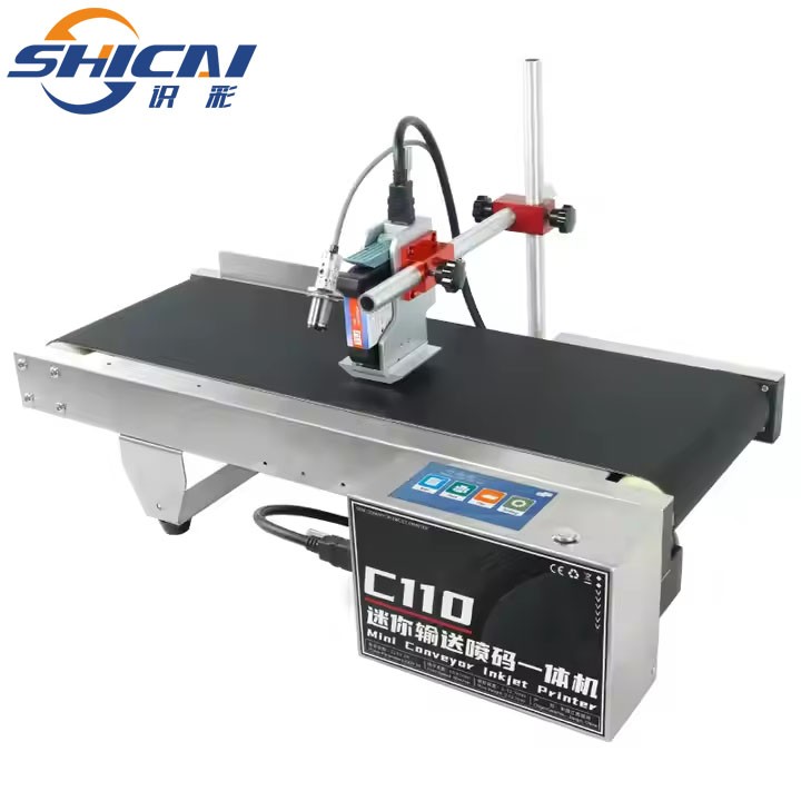 Mini conveyor online inkjet printer production date QR code barcode printer
