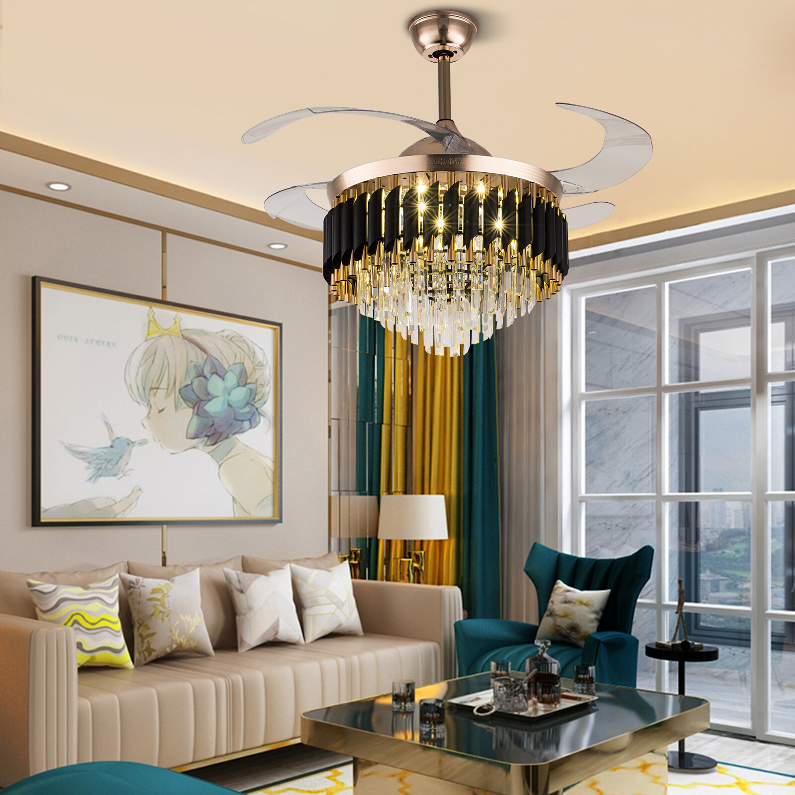 42" Invisible LED 3-Color Ceiling Fan Light Black Crystal Chandelier with Remote