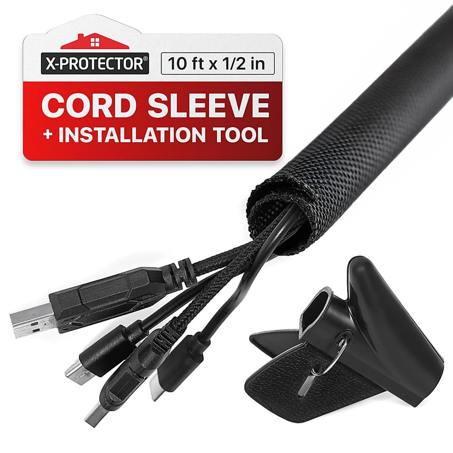 X-Protector Cable Management - 10ft x 1/2" - Fabric Cord Hider - Black Cable ...