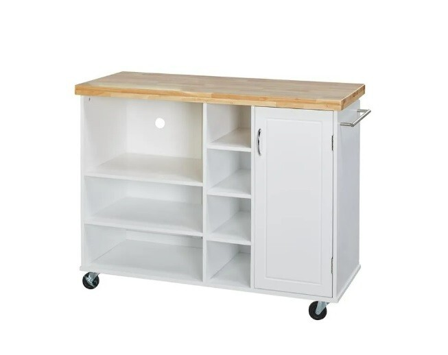 Rolling Microwave Storage Cart Utility Cabinet Coffee Station Kitchen White Wood