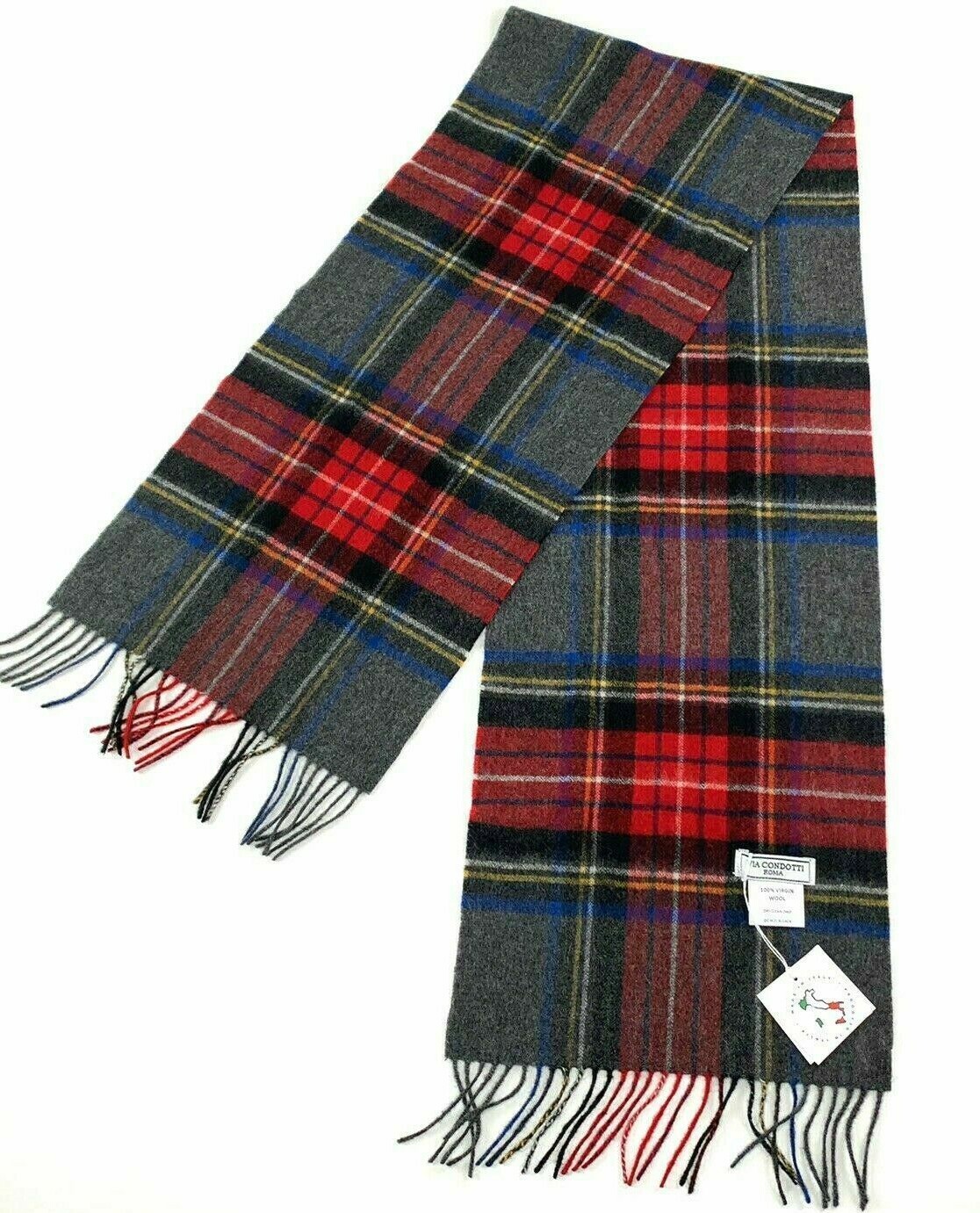 NWT Soft Wool Scarf Italy Plaid 65 X 12.5 Gray Red Blue Men/Women Via Condotti