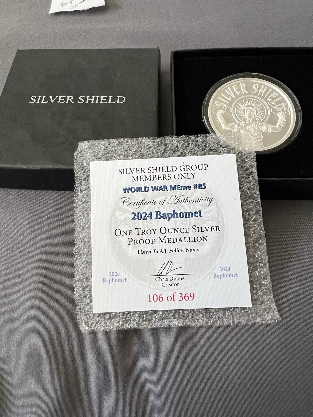 Silver Shield Elon Musk Baphomet 2024 Proof Low COA 106 Of 369 World War Meme 85