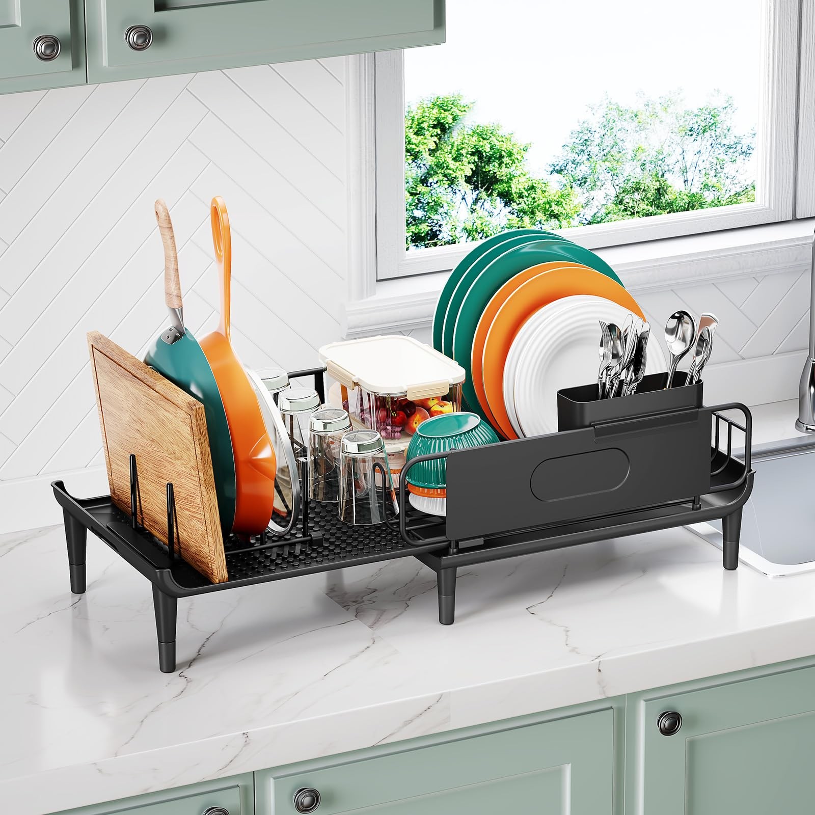 Extendable Dish Drying Rack for Kitchen Counter, Large Expandable Dish Rack w...
