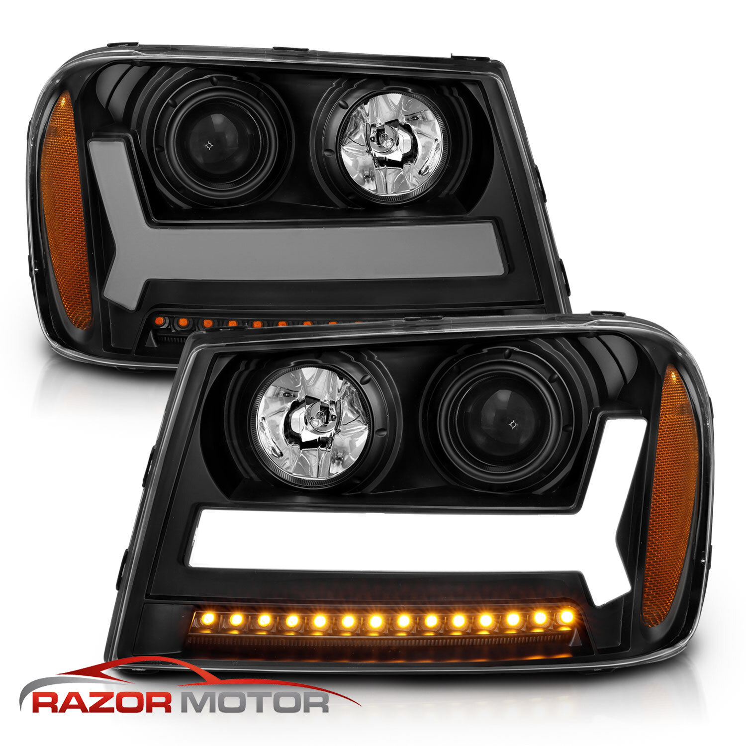For 2006-2009 Trailblazer Black Headlights LED bar Headlight pair