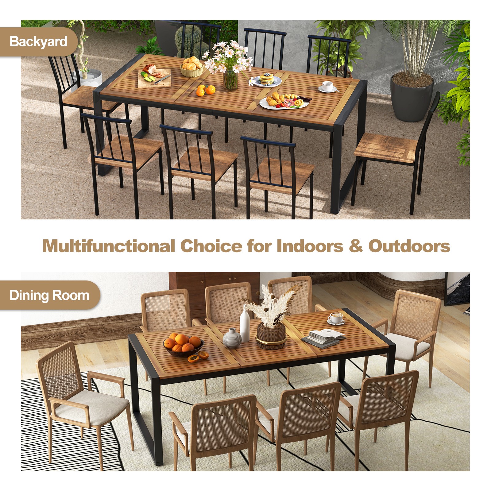 79" Acacia Wood 8-Person Patio Table w/ 1.9" Umbrella Hole, Adjustable Foot Pads