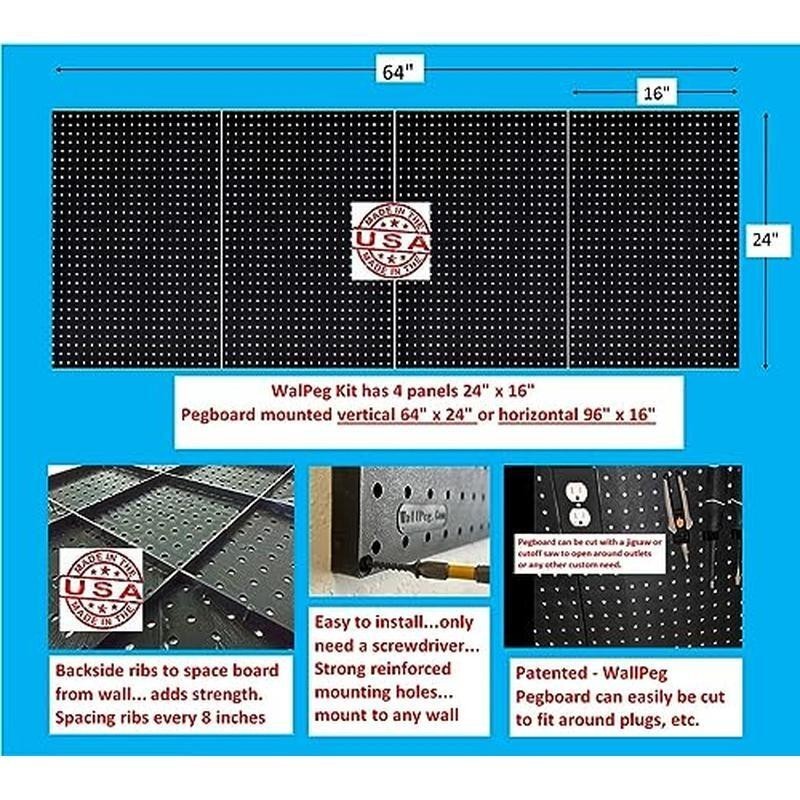 Pegboard Wall Organizer Kit 4 Panels Easy Mount Heavy Duty Tool Storage Black