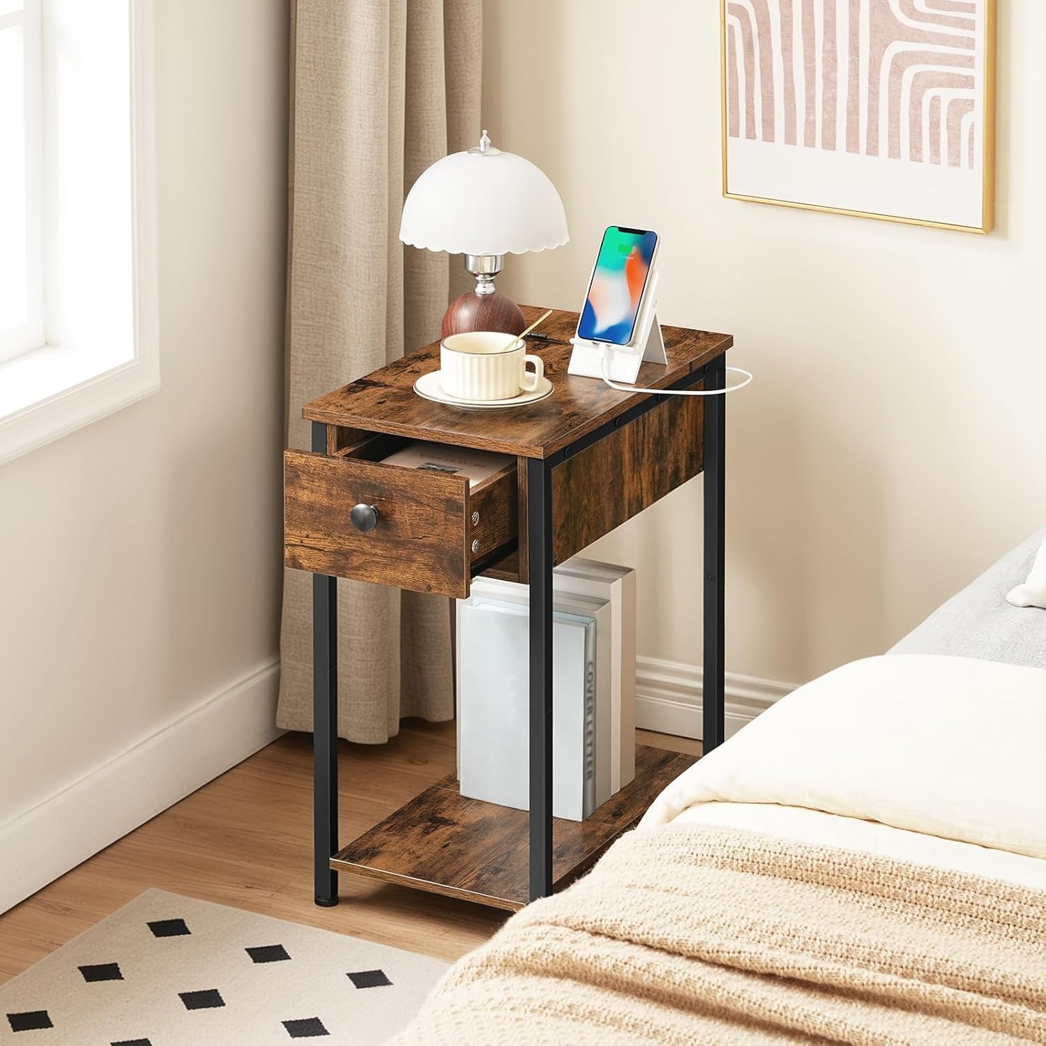 Small Nightstand Bedside Tables with Drawer and Storage Shelves Rustic Brown