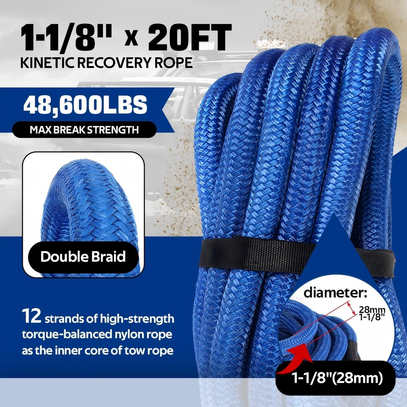 Aurorasters Kinetic Recovery Rope 1-1/8" x 20ft, 48600lbs Heavy Duty Kinetic ...