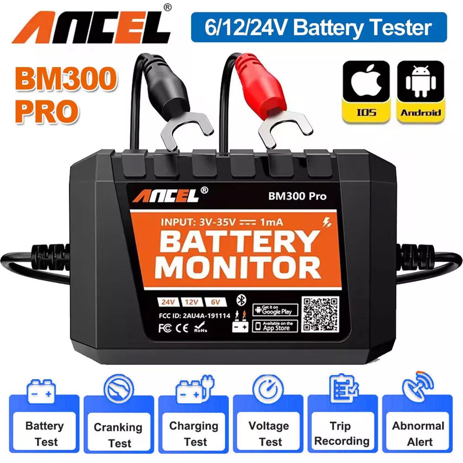 ANCEL BM300 Pro Bluetooth Battery Monitor Charging Cranking System Test & Alarm