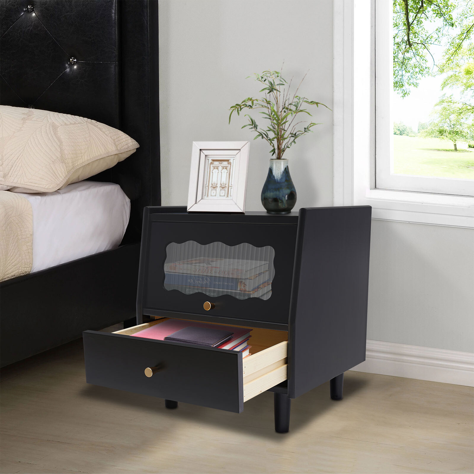 Modern Bedside Cabinet Two-tier Black Bedside Cabinet For Bedroom 18.9 inch