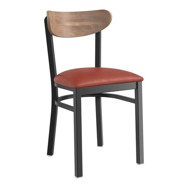 Boomerang Back Metal Dining Chairs with Burgundy Vinyl Seat & Vintage Wood Back