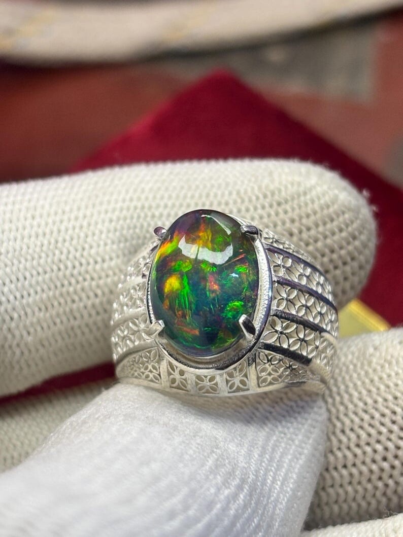 High Fire Natural Black Opal Ring, Fire Black Opal Men’s Ring, Ring For Men