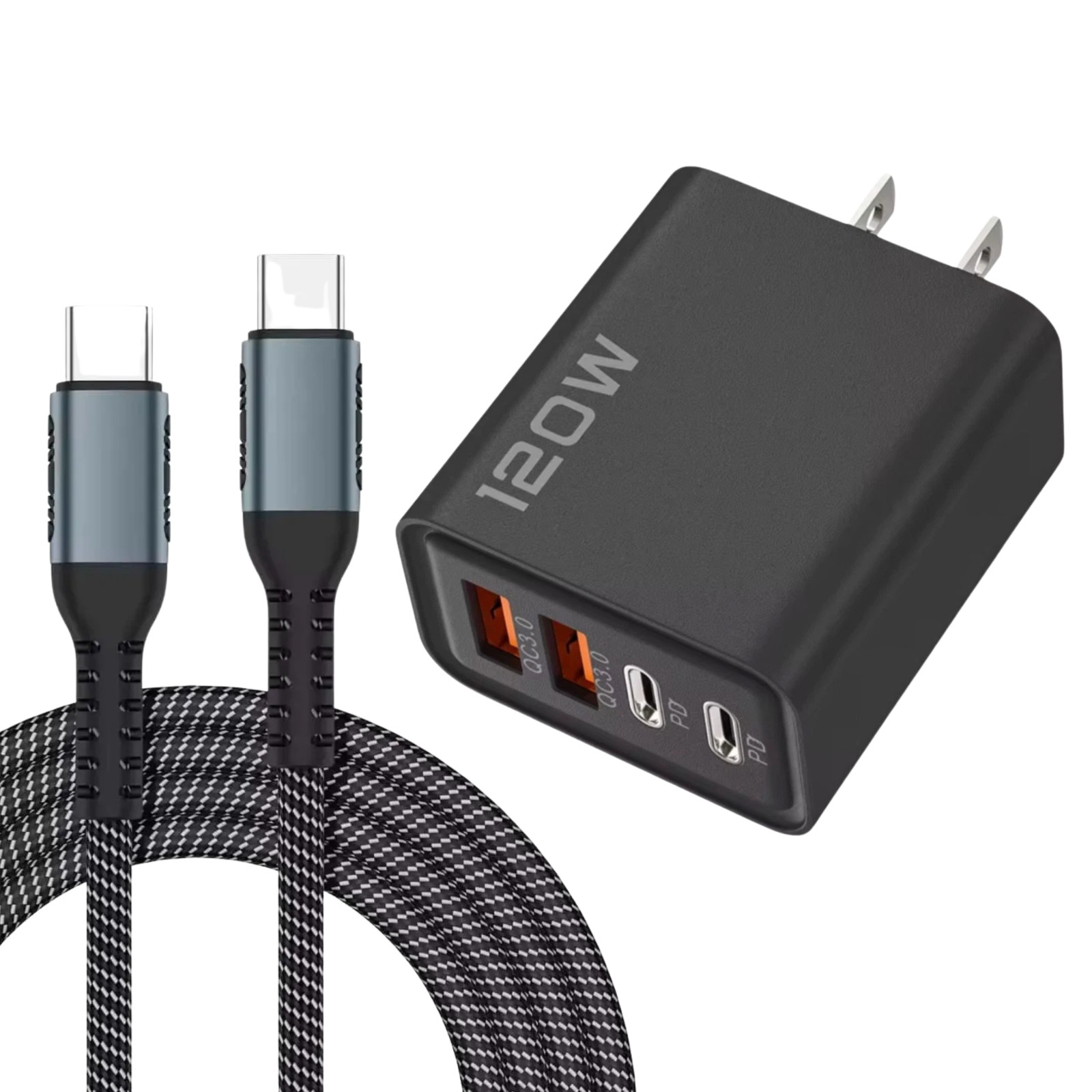 120W 4-Port USB-C Fast Charger US Plug + 100W USB-C Cable 2m PD QC3.0 Set