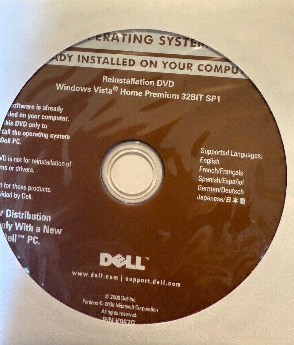 Dell Operating System Reinstallation DVD - Windows Vista Home Premium 32 bit SP1