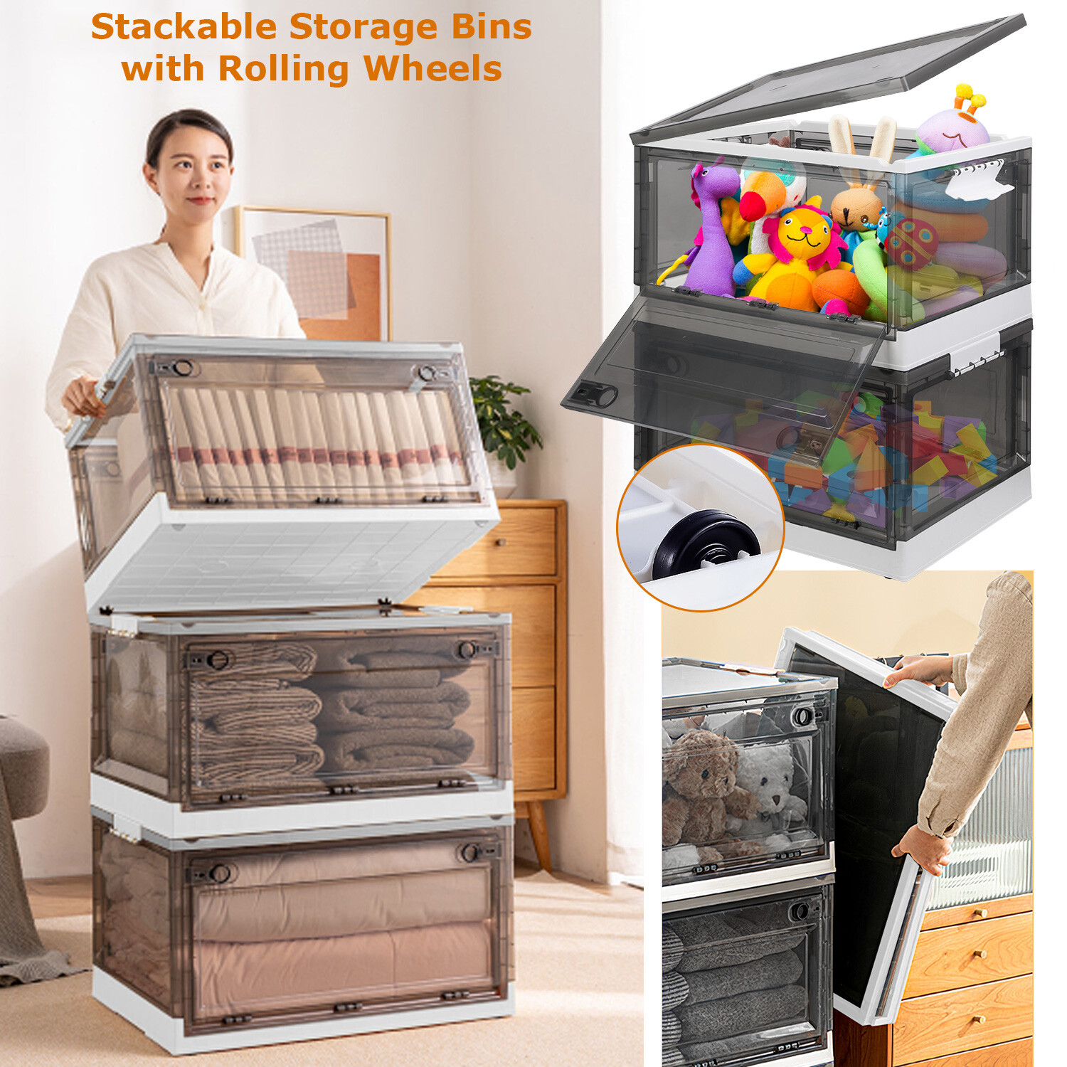 2 Pack Stackable Storage Boxes Set with lid2 Doors Rolling Foldable Storage Bins