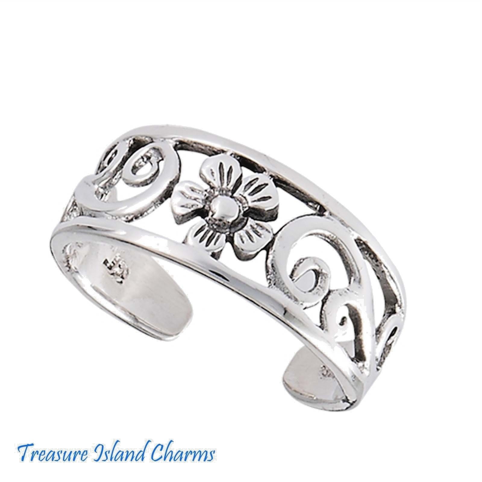 Flower with Scrolls 925 Solid Sterling Silver Adjustable Toe or Pinkie Ring