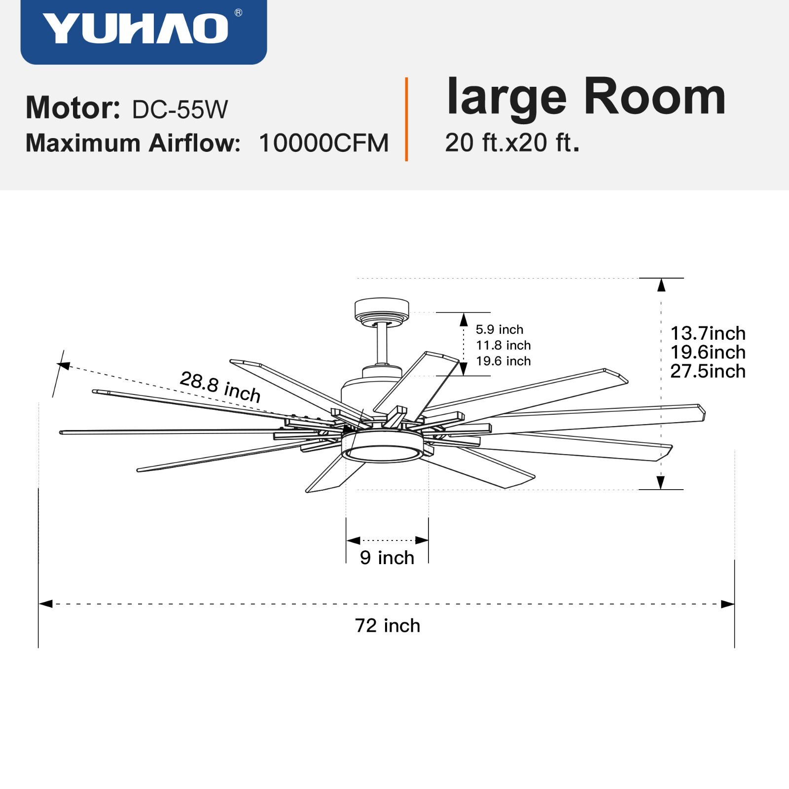72'' Integarted LED Large Black Double Finish Ceiling Fan with Remote Control
