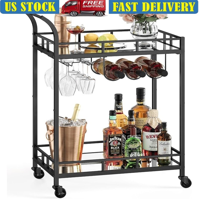 2-Tier Rolling Bar Cart W/ Mirrored Shelves Wine Holder & Glass Storage New