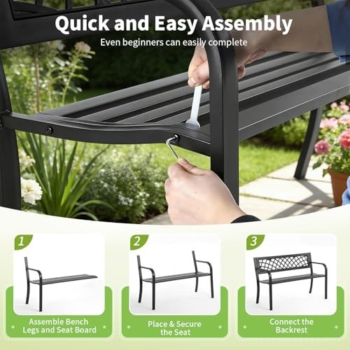 Outdoor Garden Bench - Iron Steel Frame Patio Seating with Mesh Pattern & Armres