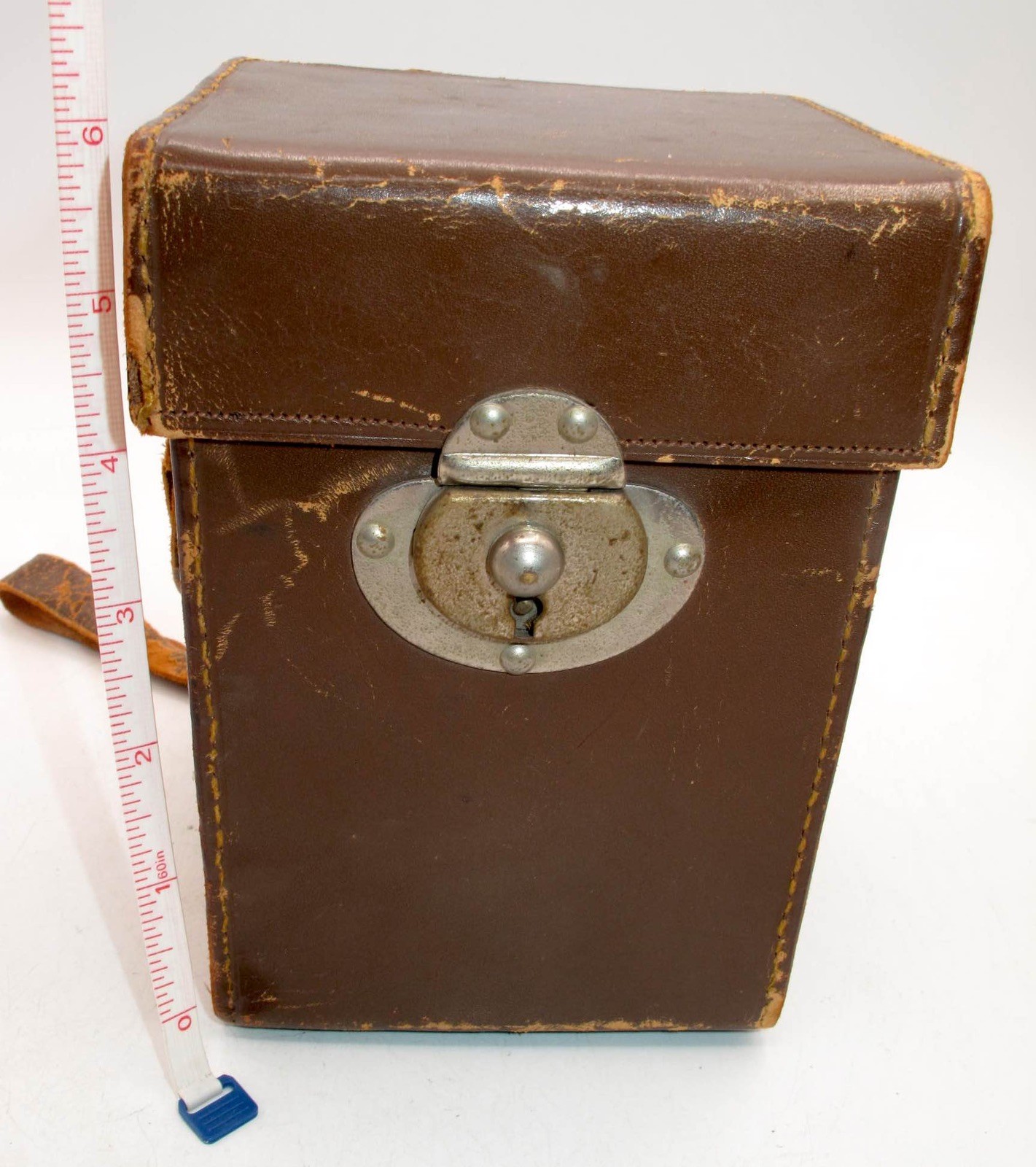 *VINTAGE* BROWN HARD CASE 6"x 4" x 4" WITH STRAP-GOLD INTERIOR-WORKING CLASP