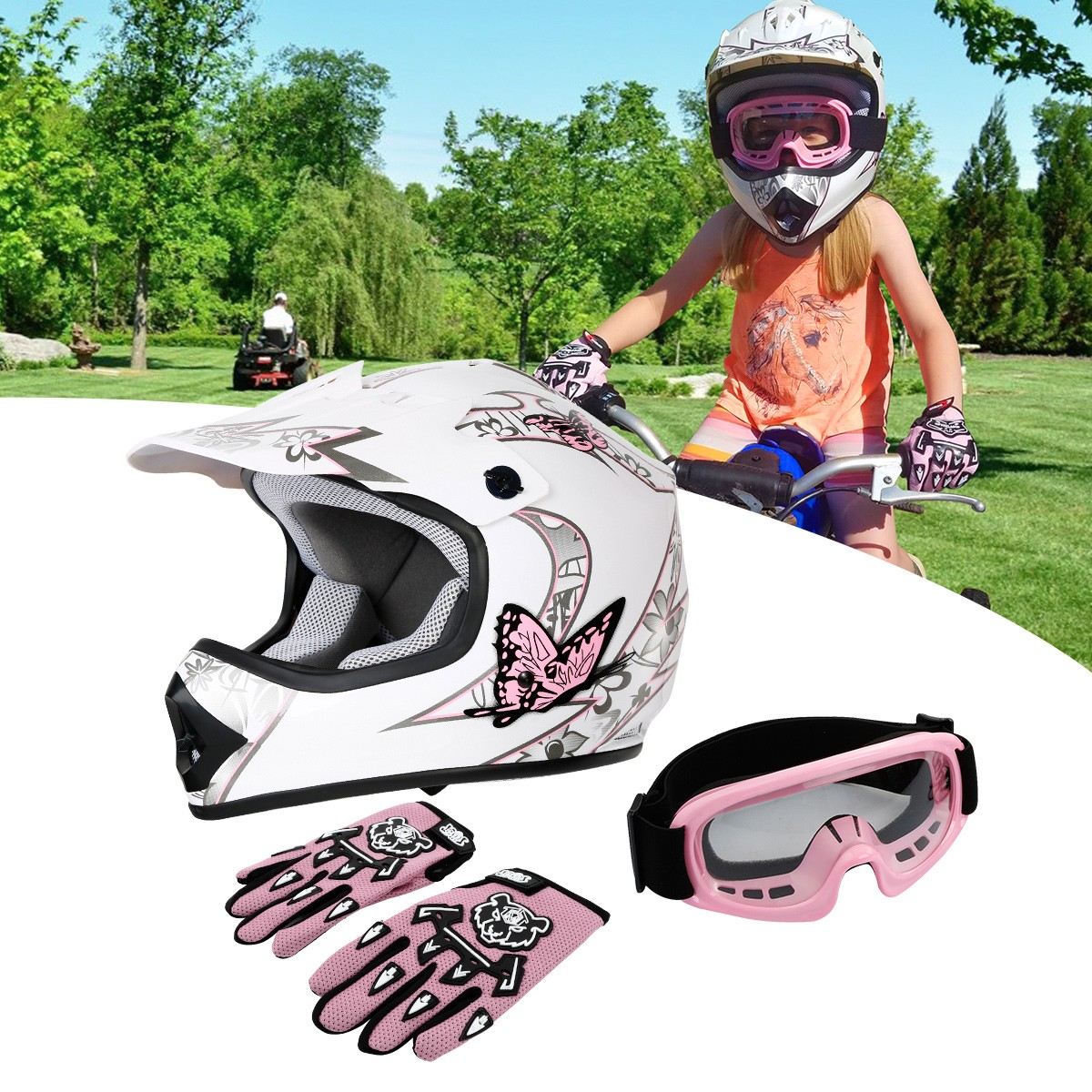 DOT Youth Helmet + Goggles Gloves Girls Kid Dirt Bike ATV Motocross S M L XL