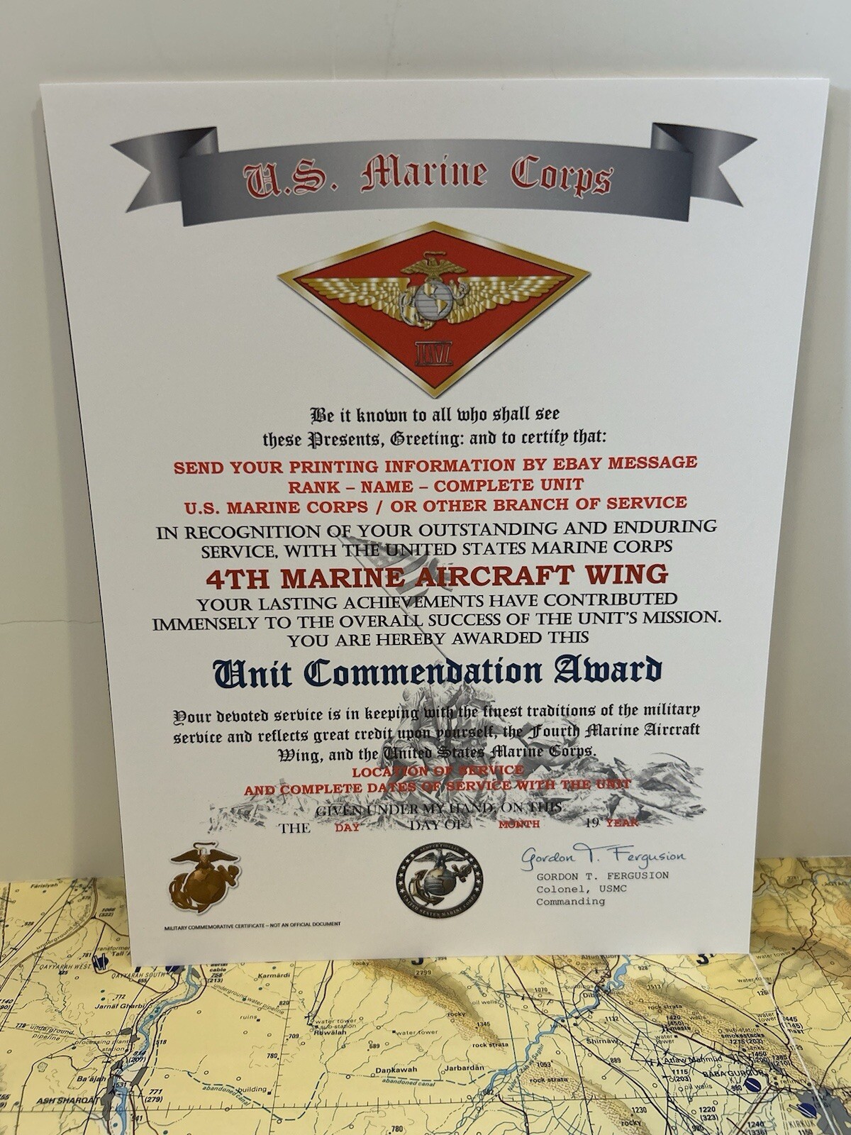 U.S.M.C. / 4TH MARINE AIRCRAFT WING - UNIT COMMENDATION AWARD CERTIFICATE